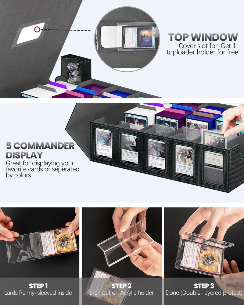 Gomyrod Trading Card Storage Box , 5-Row Card Case with Commander Display & Portable Handle, 4200+ MTG Deck Box Compatible for MTG/TCG/Magic Cards, 30 Colorful Divider, 8 Card Supporters (Black & Grey) - Image 3